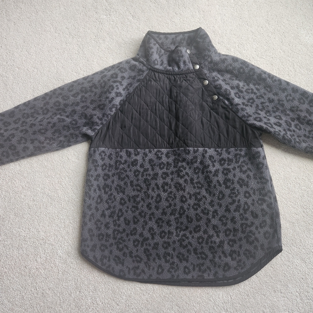 J. Crew Black and Gray Leopard Fleece Snap Pullover Size Medium